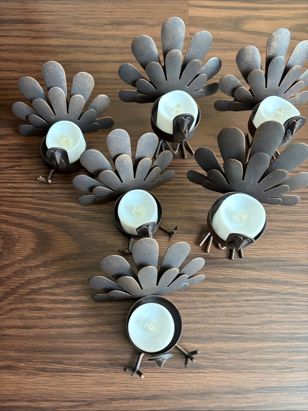 6 Rustic Metal Peacock Tea Light Holders - Brown